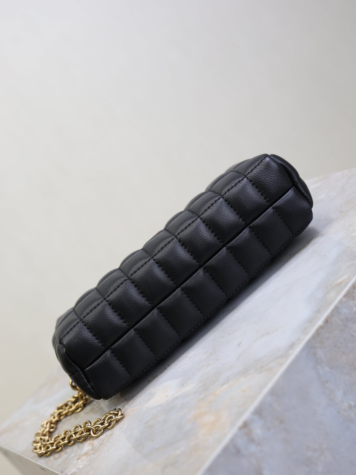 YSL 25S CASSANDRE MATELASSÉ CARRÉ POUCH ON CHAIN 18 IN BLACK LAMBSKIN