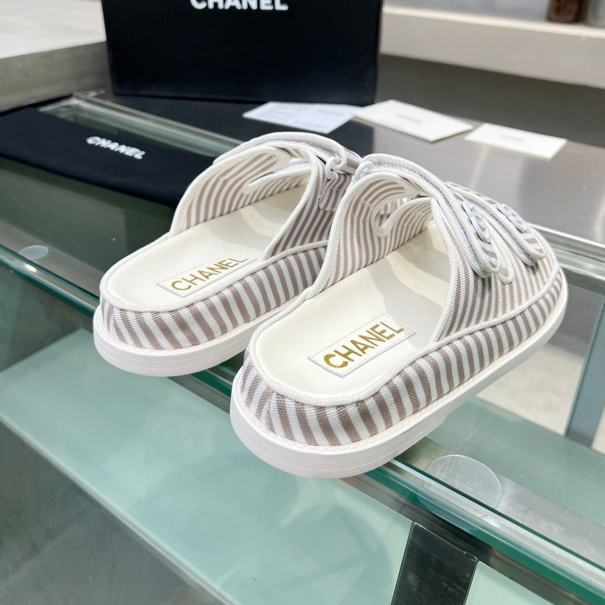 CHANEL Stripes Casual Flat Sandals Gray White