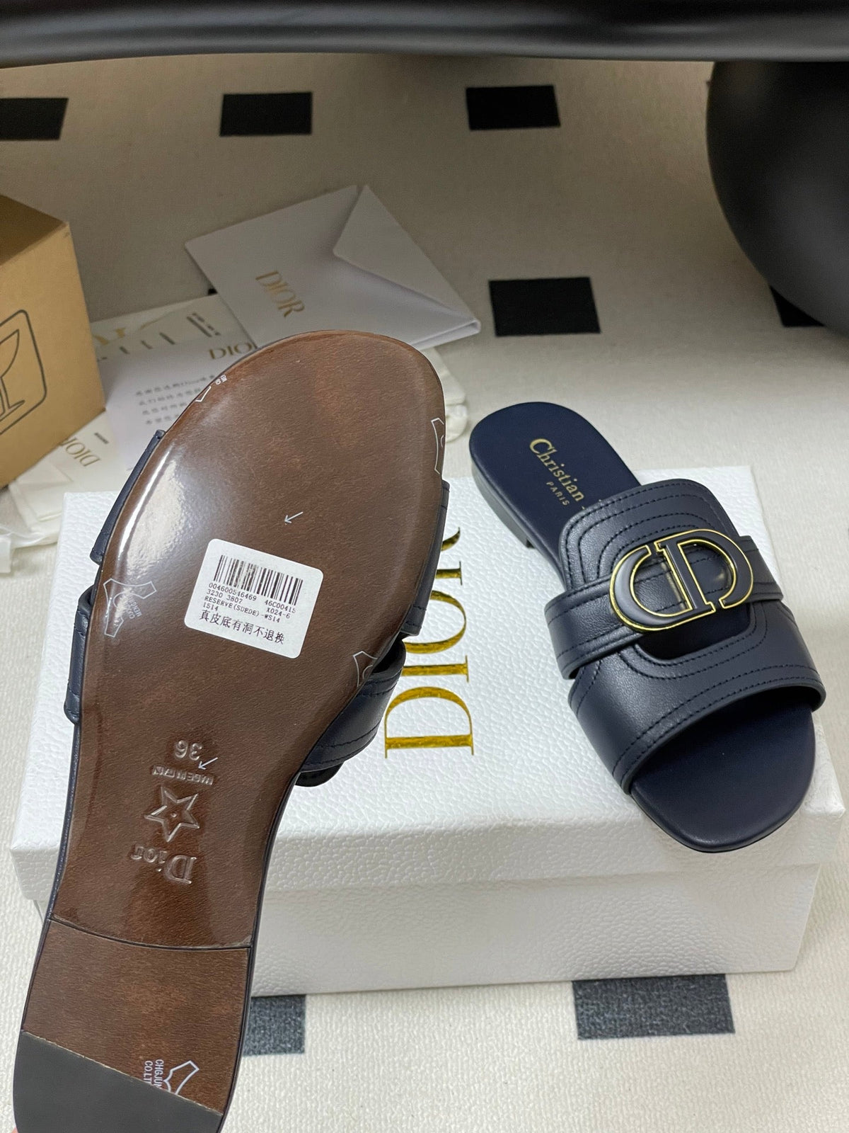 DIOR CLASSIC MONTAIGNE SANDALS 25S IN MIDNIGHT BLUE LAMBSKIN WITH CD LOGO