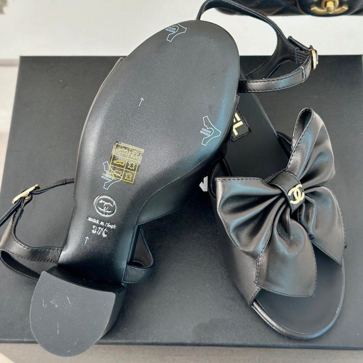 CHANEL Double Big Bow High Sandal Sheepskin Black