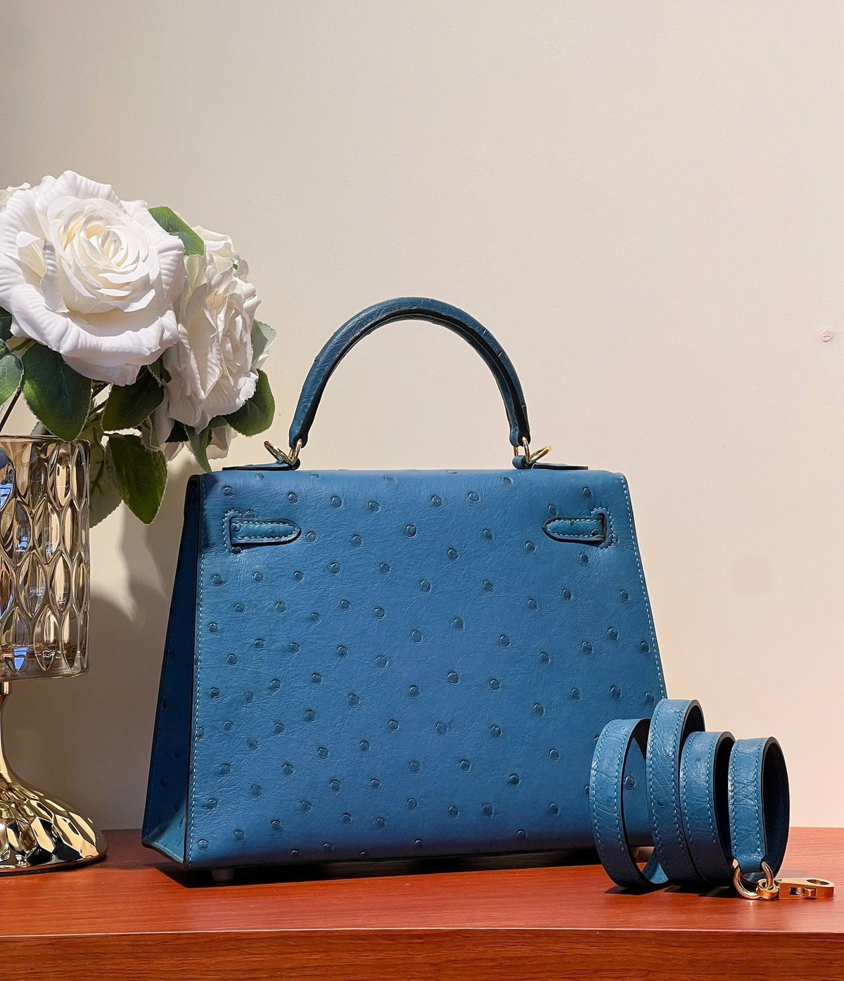HERMES KELLY SELLIER 25 BAG IN ROYAL BLUE OSTRICH LEATHER