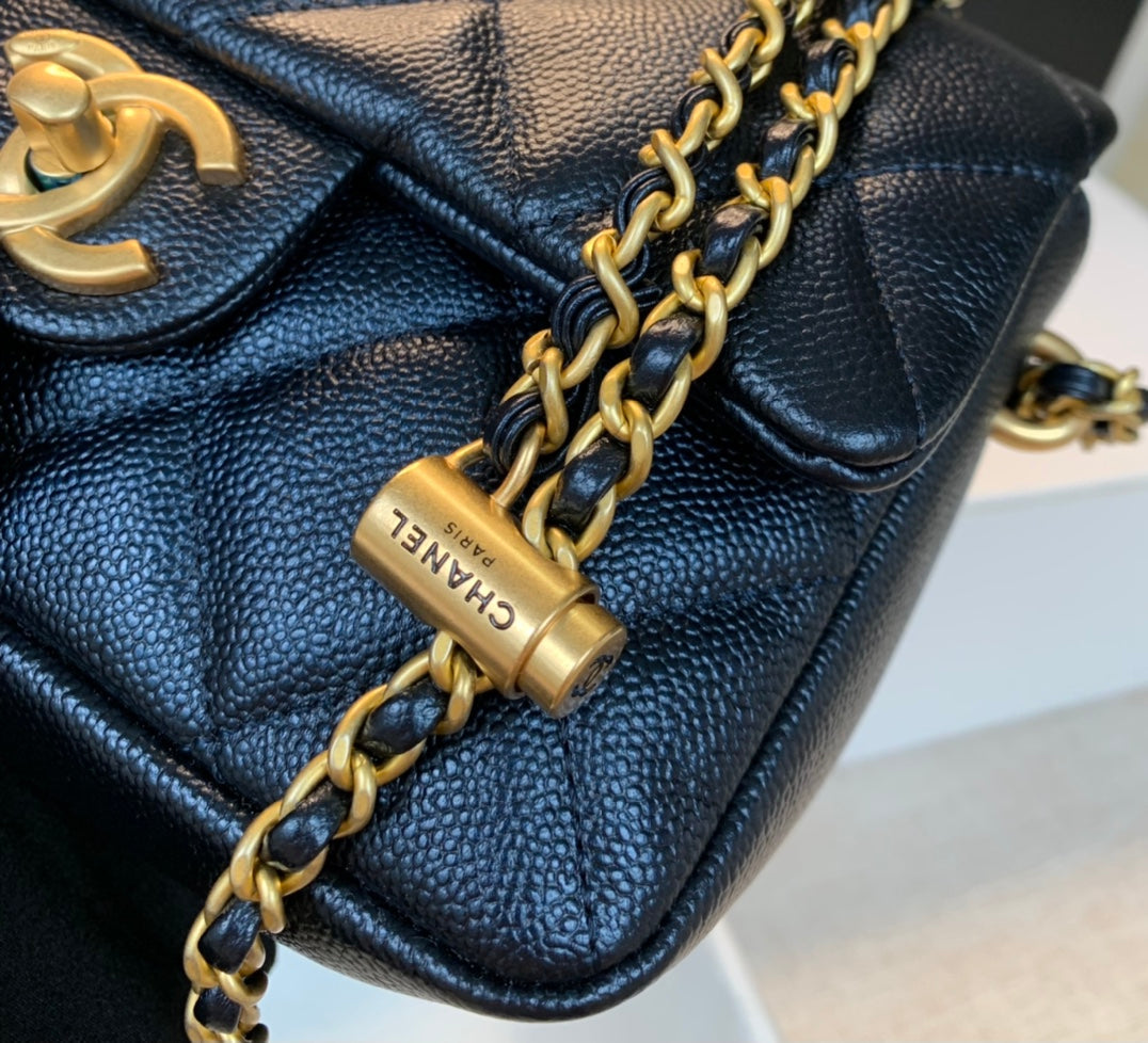 CHANEL 25S CLASSIC FLAP 19 CM IN BLACK CAVIAR LEATHER WITH GOLD HARDWARE