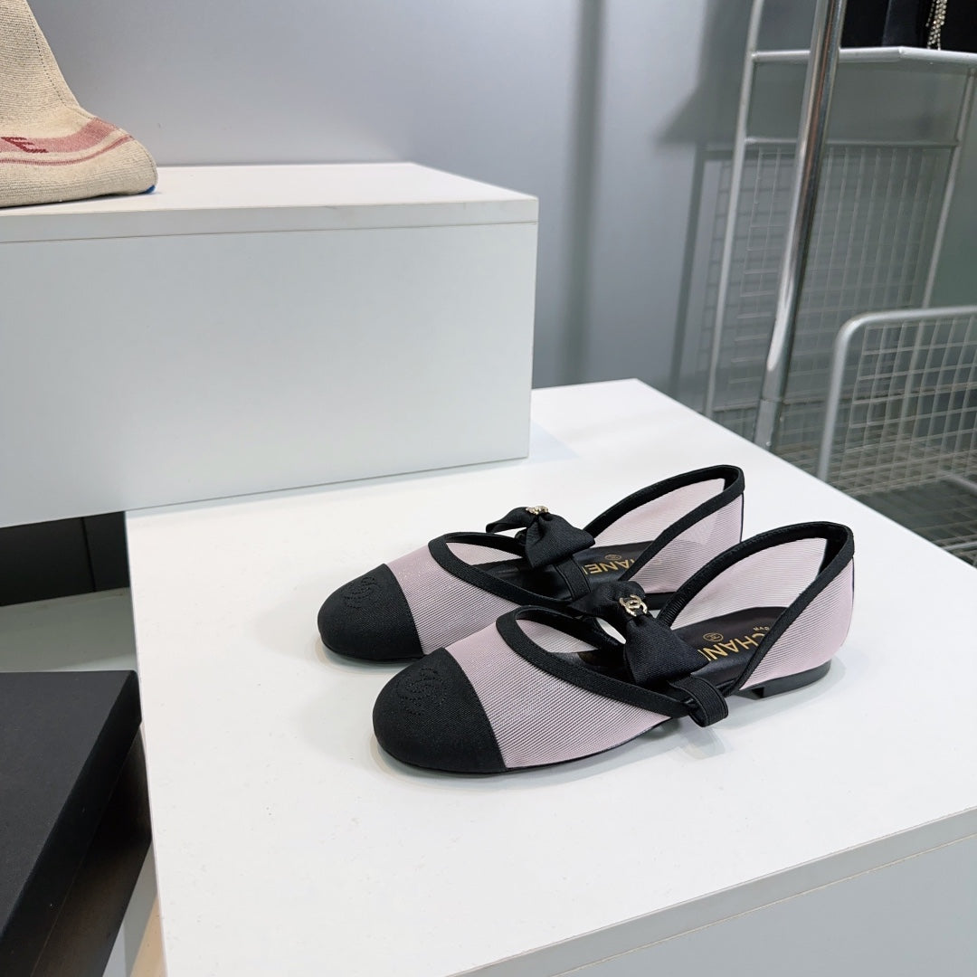 CHANEL FLAT MARY JANE SHOES 25S IN LIGHT PURPLE MIX BLACK MESH FABRIC EMBOSSED LOGO WITH BOW