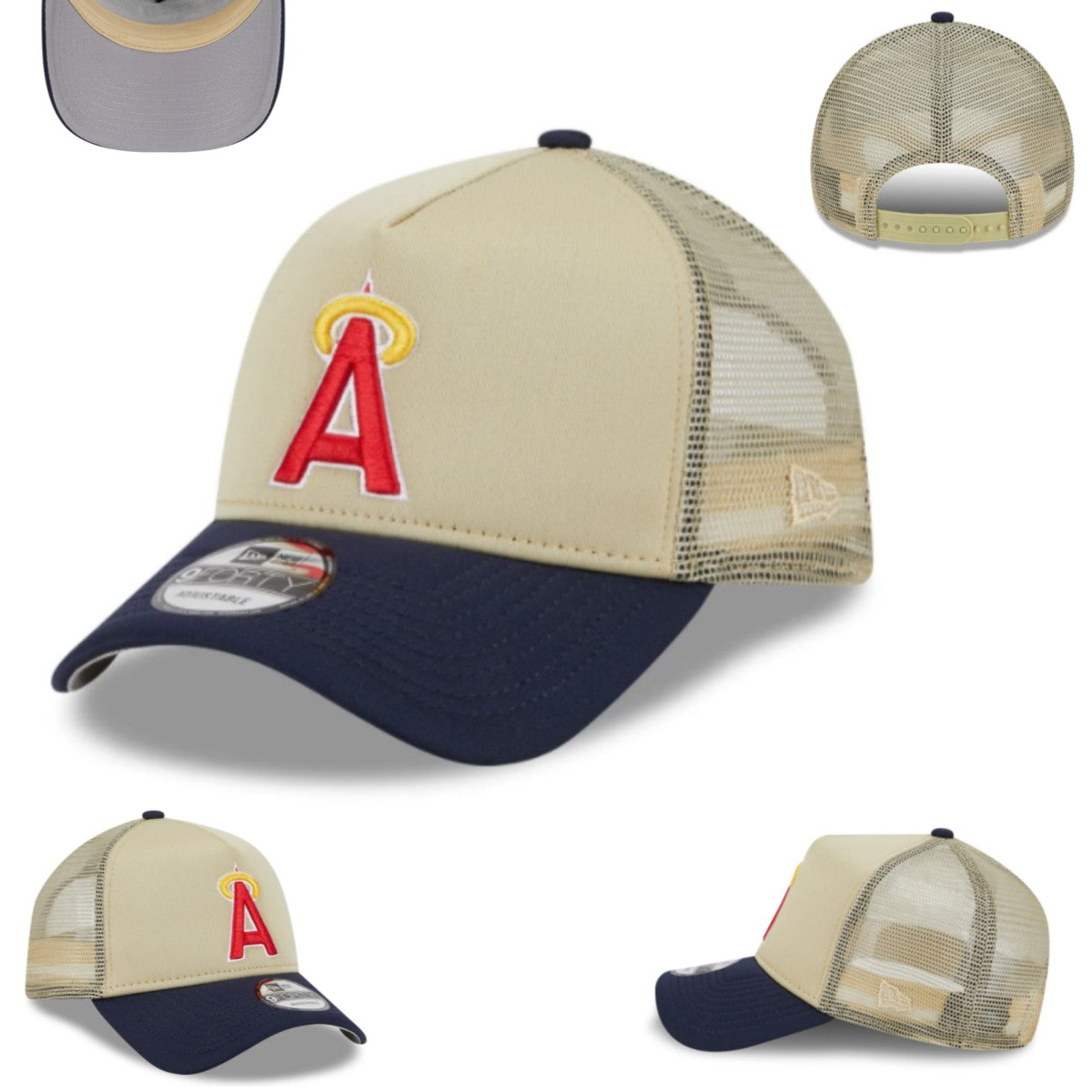 Beige and Navy Snapback Cap with Embroidered Logo and Mesh Back