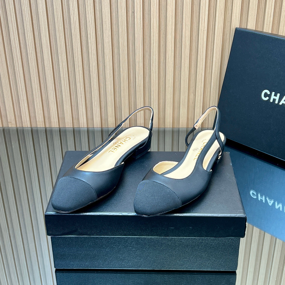 CHANEL 25S SLINGBACK SHOE FLATS IN BLACK SILK