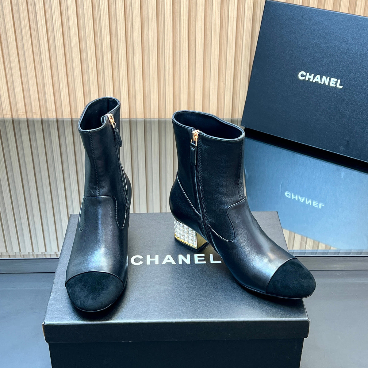 CHANEL 25S TALL BOOTS WITH PEARL DETAILS 50MM IN BLACK SUEDE AND CALFSKIN