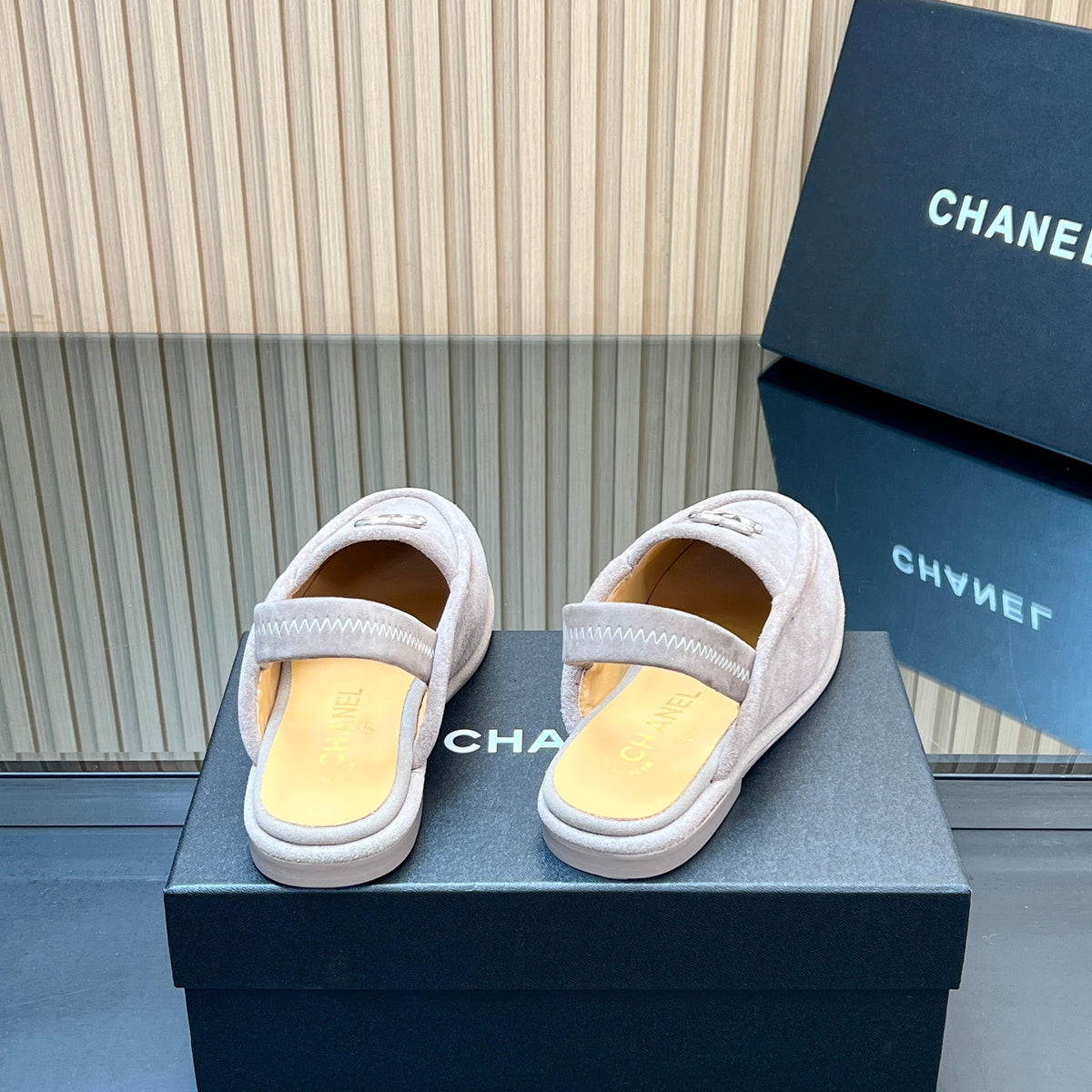 CHANEL 25S BACK STRAP MULE 15MM IN LIGHT GRAY SUEDE SILVER HARDWRE