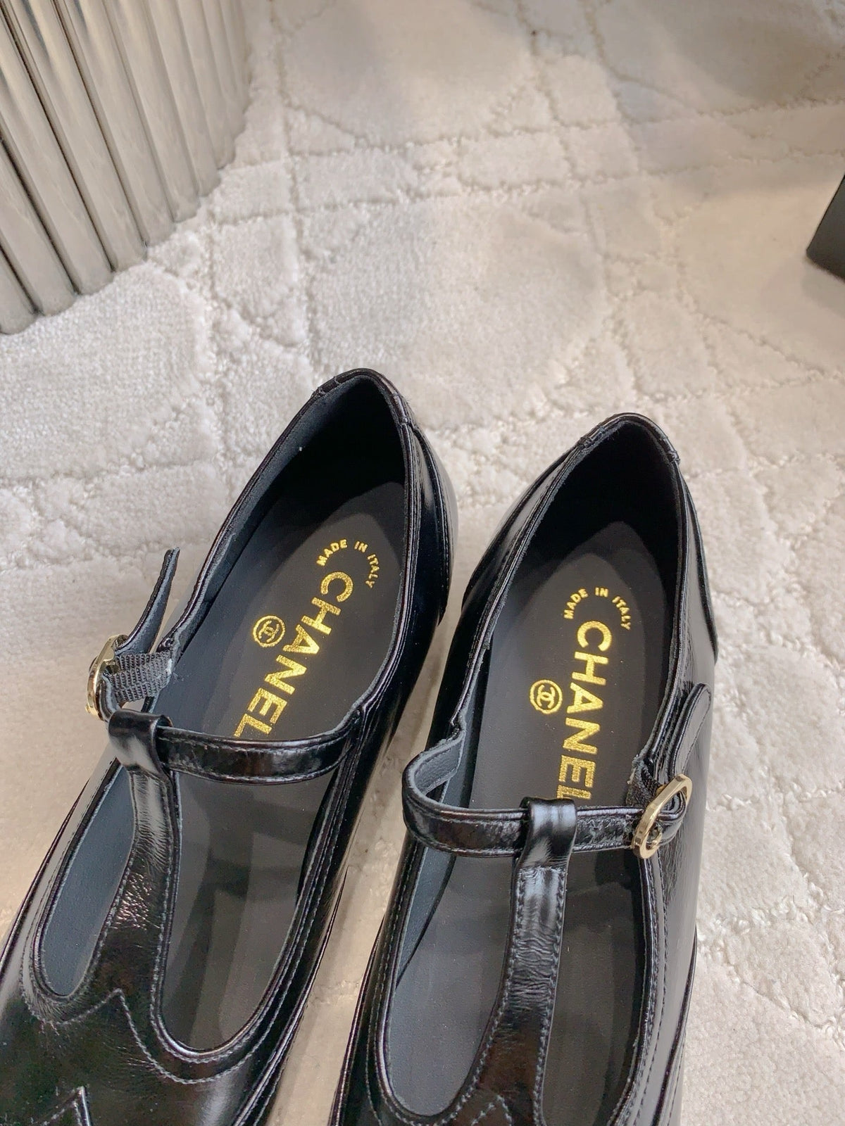 CHANEL 25S MARY JANE IN BLACK FULL CALFSKIN AND CANVAS GOLD HARDWARE