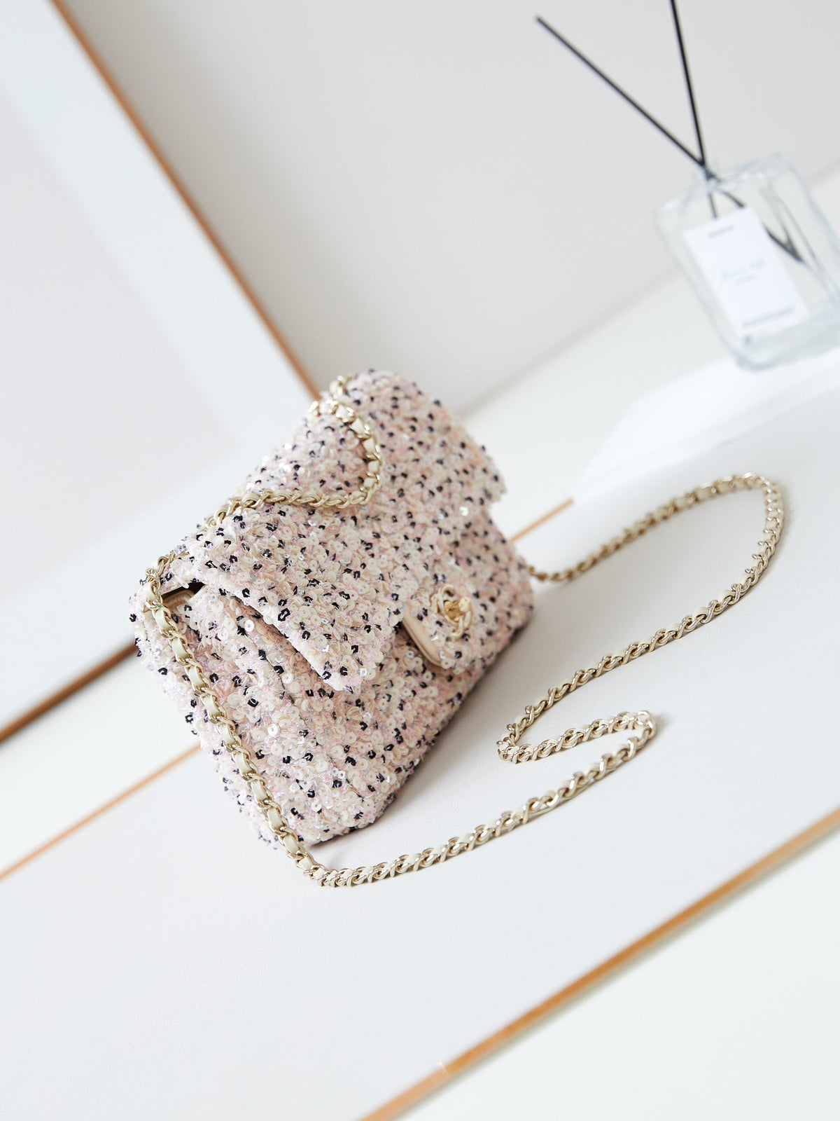 CHANEL 25S FLAP BAG 20 IN LIGHT PINK MIX BLACK SEQUINS