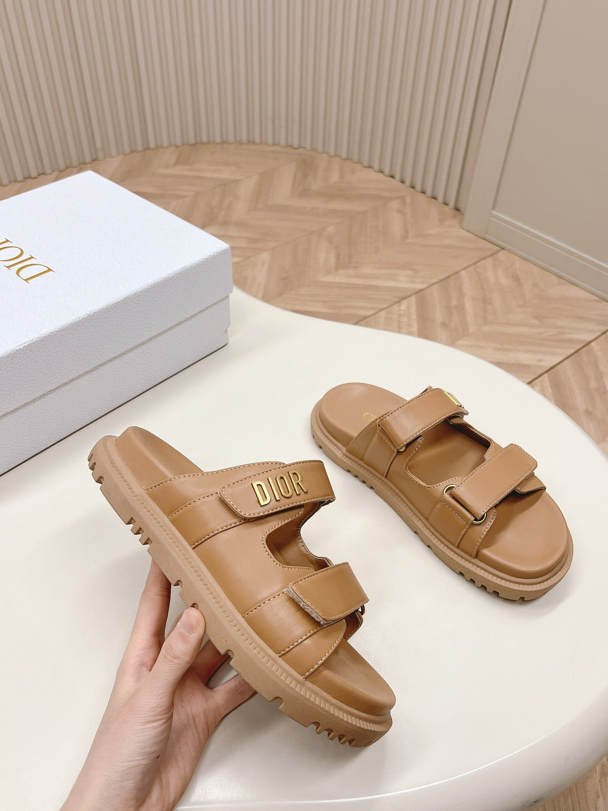 DIOR CLASSIC DOUBLE-STRAP SLIDES 25S IN LIGHT BROWN CALFSKIN