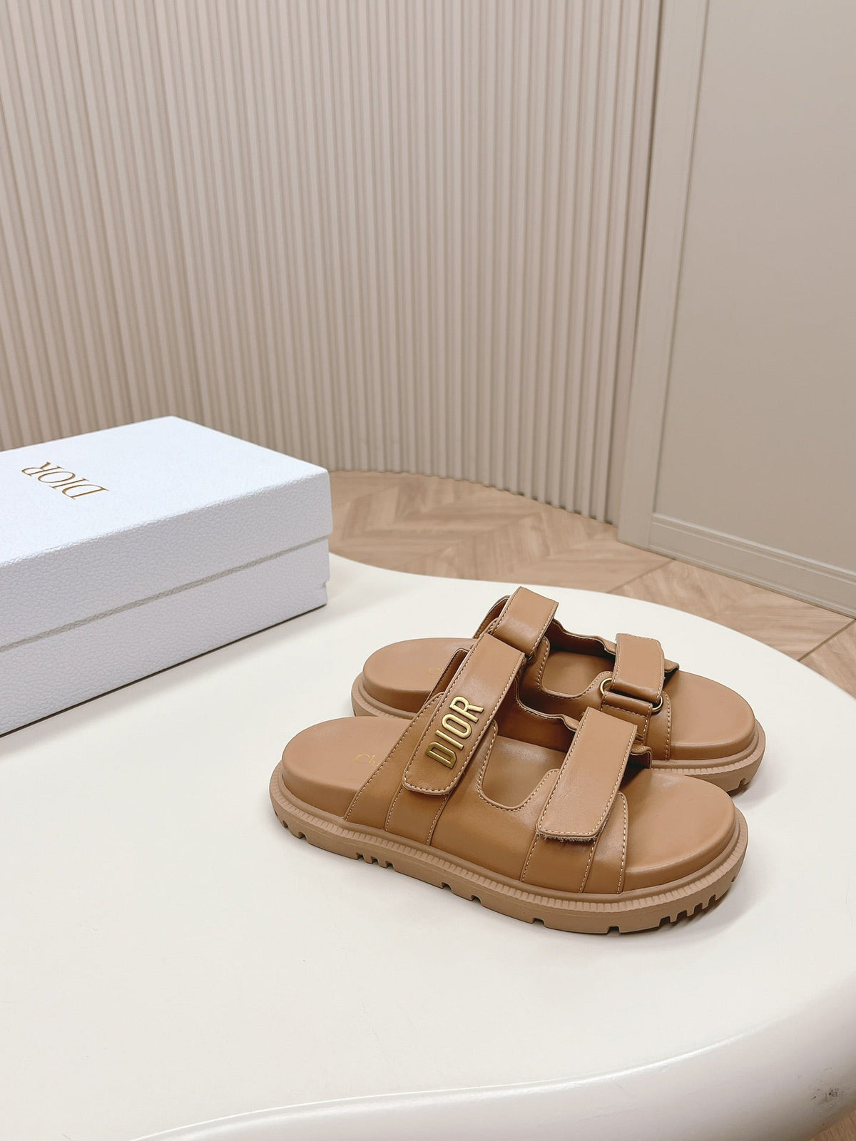 DIOR CLASSIC DOUBLE-STRAP SLIDES 25S IN LIGHT BROWN CALFSKIN