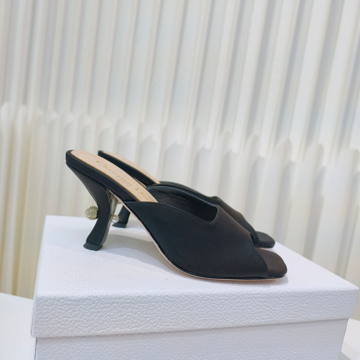 DIOR EMBELLISHED HIGH HEEL SLIDES 25S IN BLACK SATIN