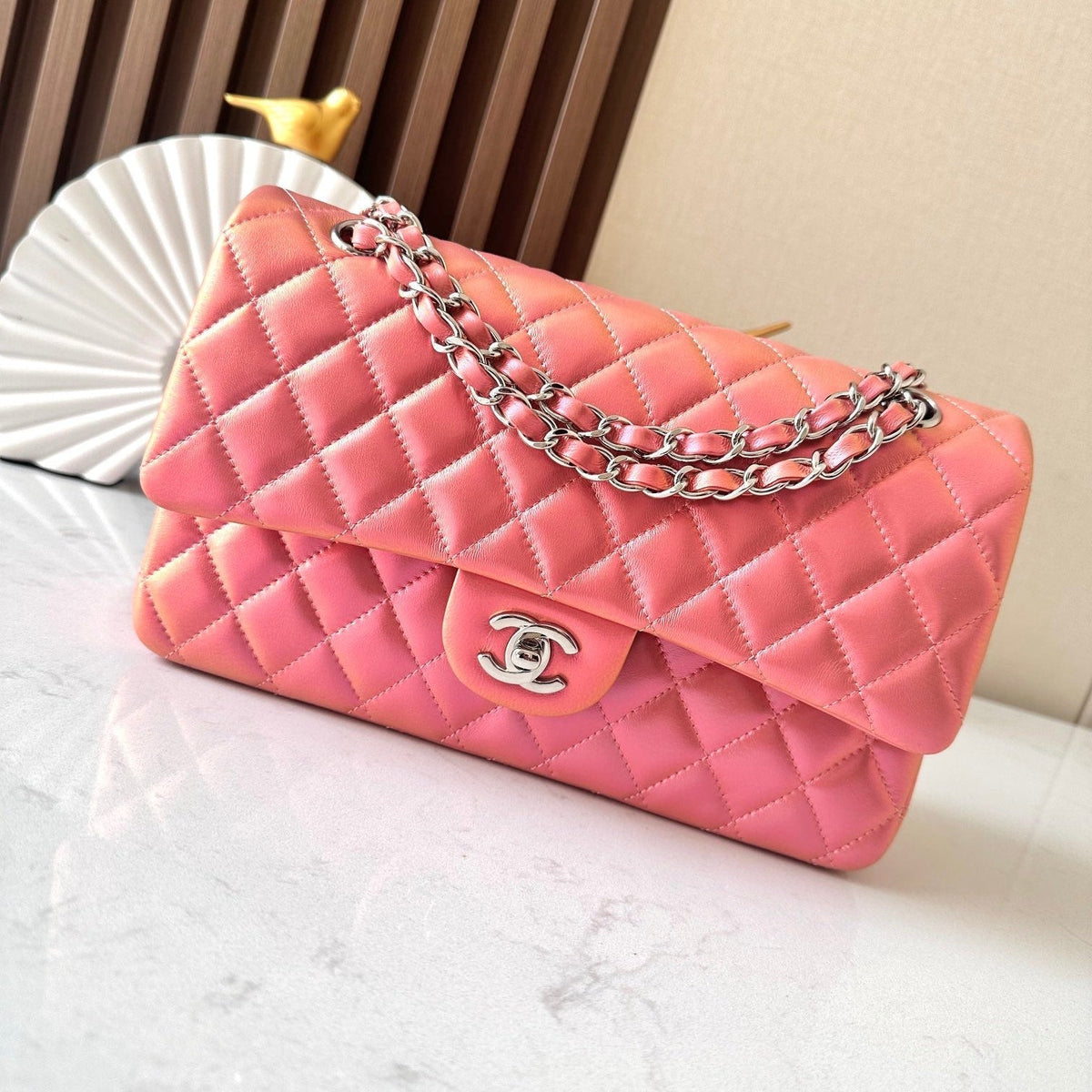 CHANEL 25S CLASSIC FLAP BAG 26 IN PEARL PINK LAMBSKIN WITH SILVER HARDWARE