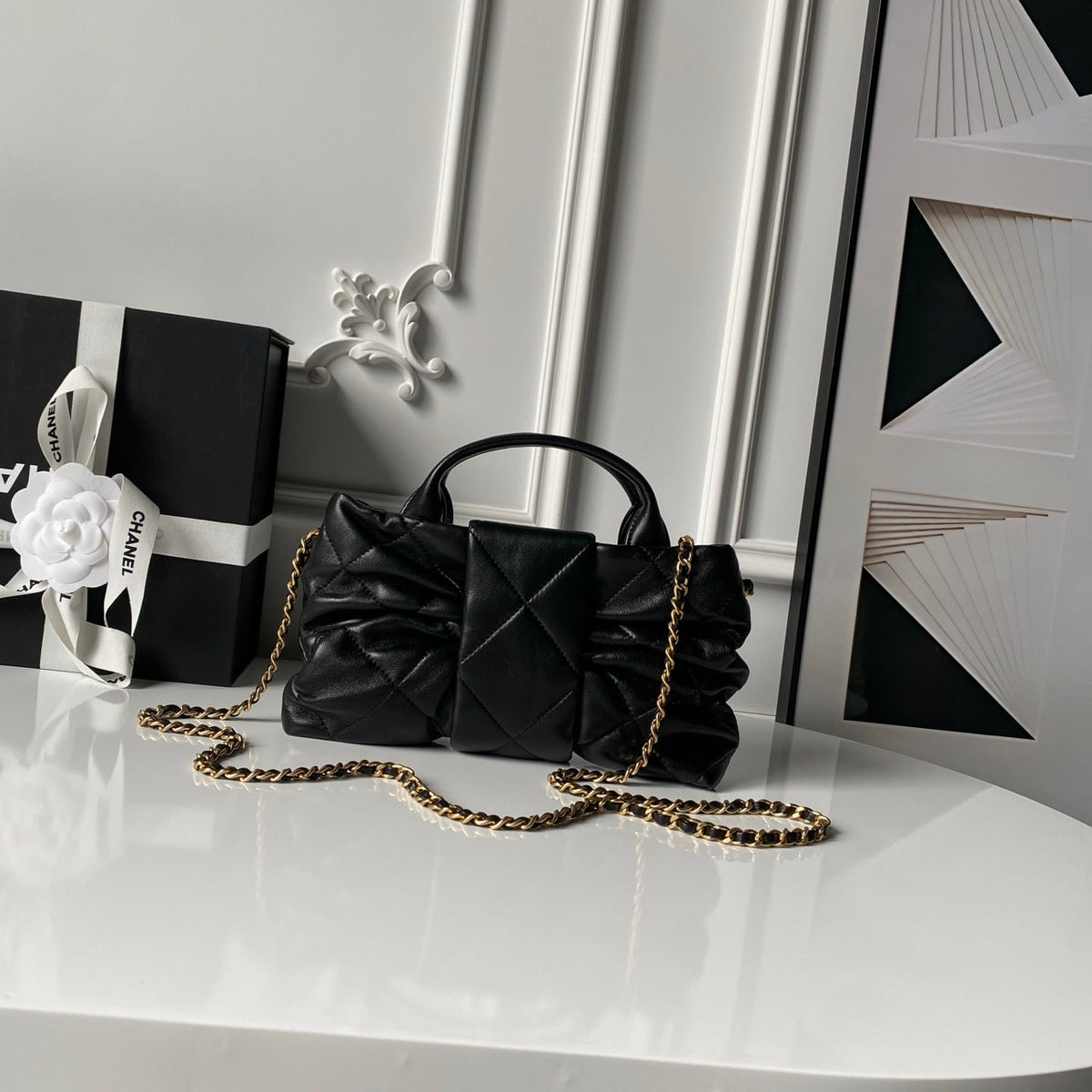 CHANEL 25S BOW BAG 26 IN BLACK LAMBSKIN WITH GOLD HARDWARE
