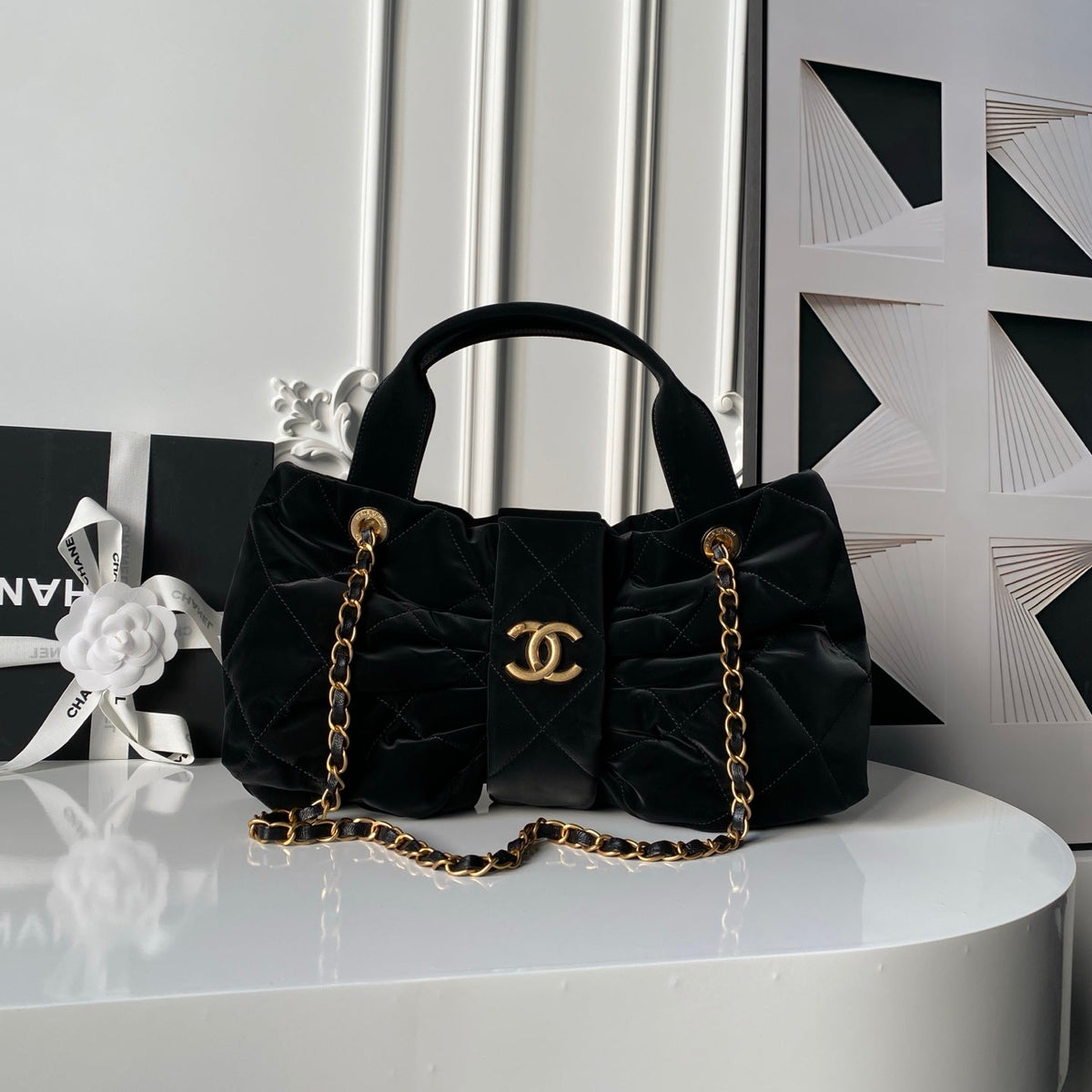CHANEL 25S BOW BAG 38 IN BLACK VELVET WITH GOLD HARDWARE