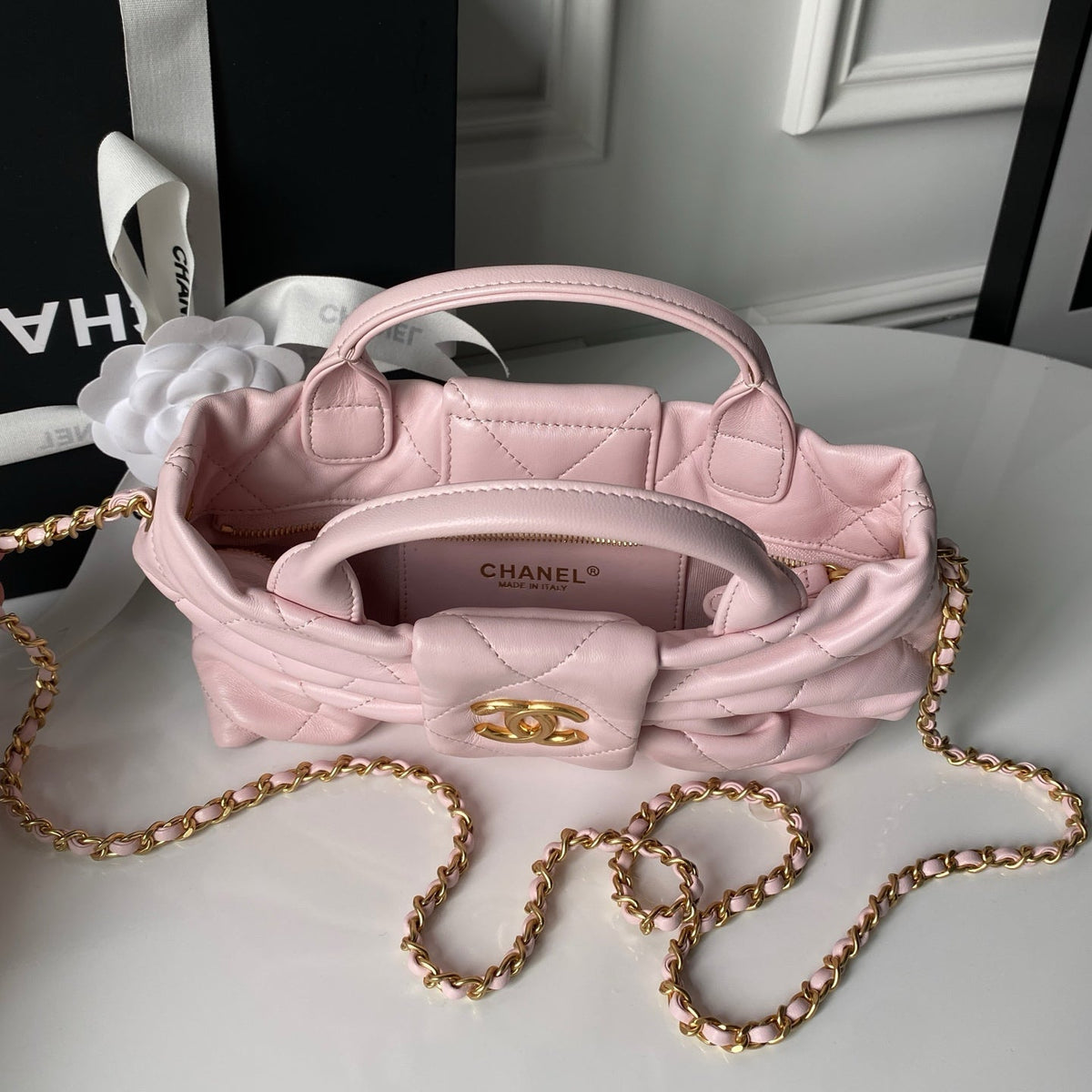 CHANEL 25S MINI BOW BAG 26 IN PINK LAMBSKIN WITH GOLD HARDWARE