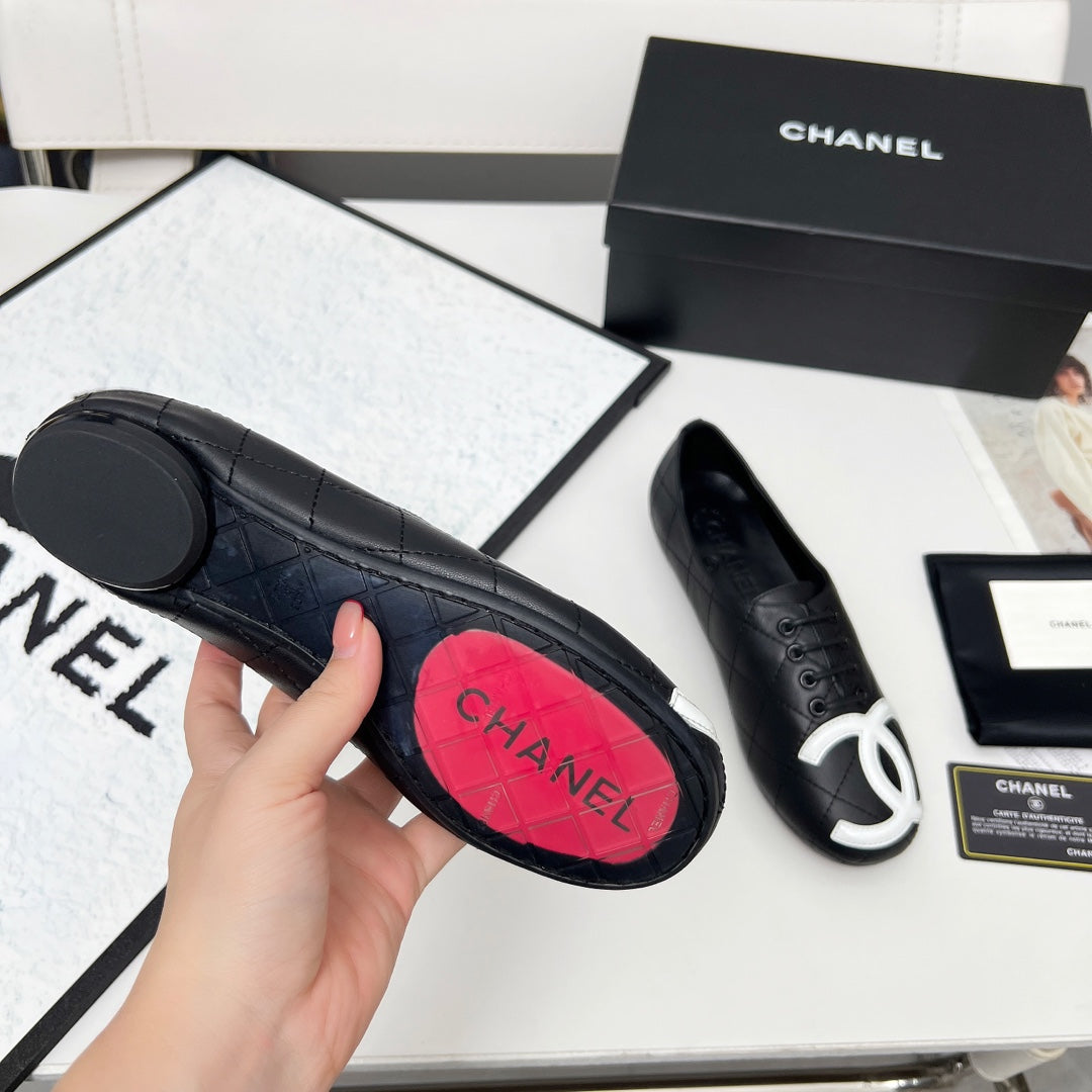 CHANEL 25S DANCE SHOES WITH PRINTED LOGO IN BLACK CALFSKIN