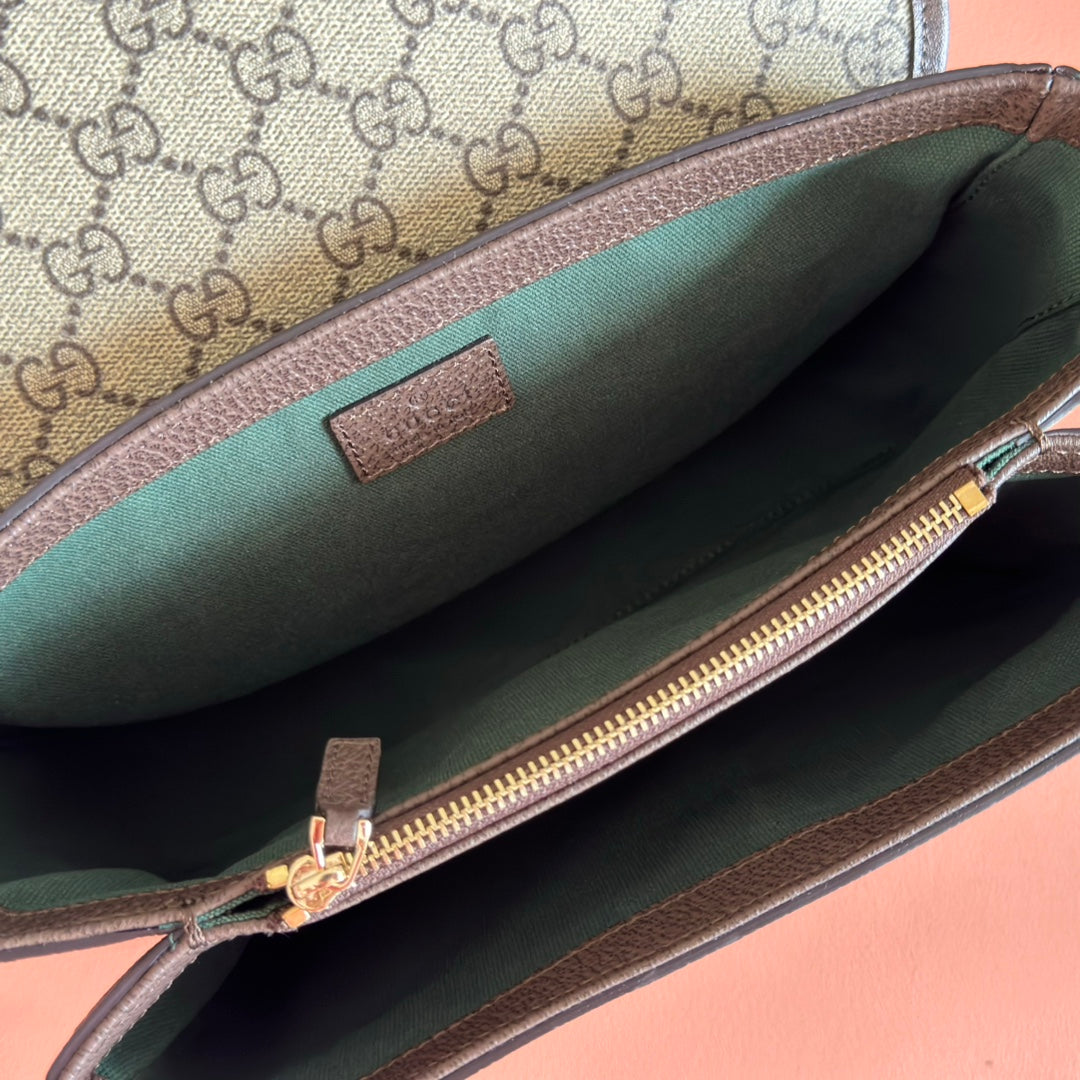 GUCCI 25S OPHIDIA SMALL SHOULDER BAG 24 CM IN BEIGE AND BROWN CALFSKIN