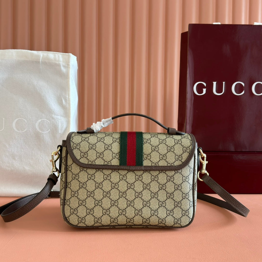 GUCCI 25S OPHIDIA SMALL SHOULDER BAG 24 CM IN BEIGE AND BROWN CALFSKIN