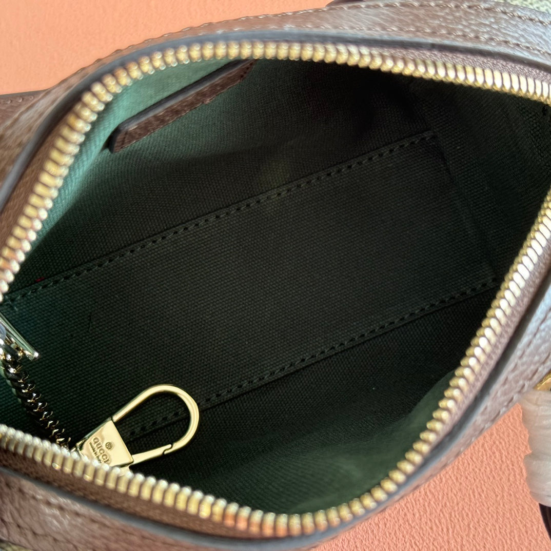 GUCCI 25S OPHIDIA MINI BOSTON BAG 16 IN BEIGE CANVAS AND BROWN CALFSKIN