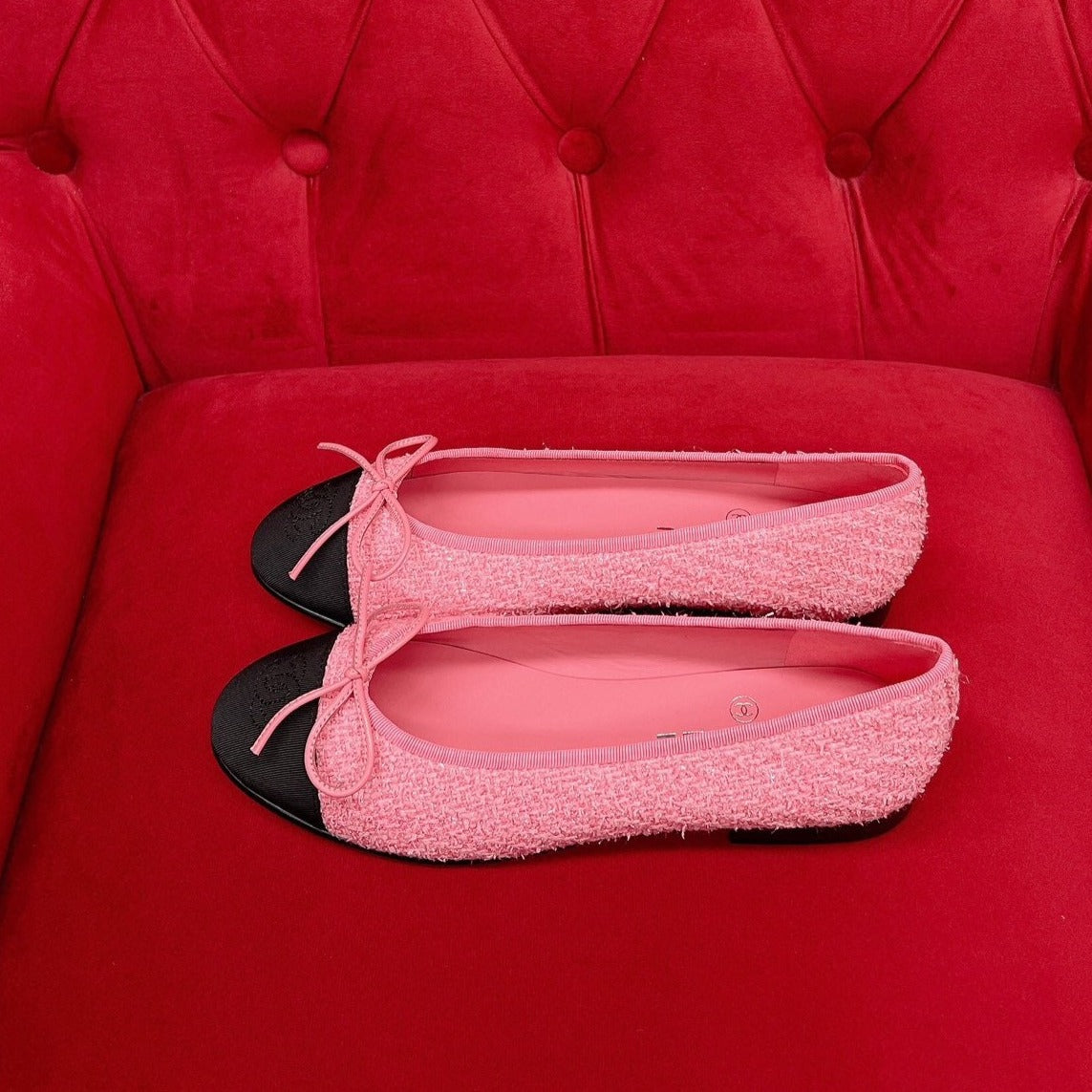 CHANEL ballet flat pink black tweed grosgrain