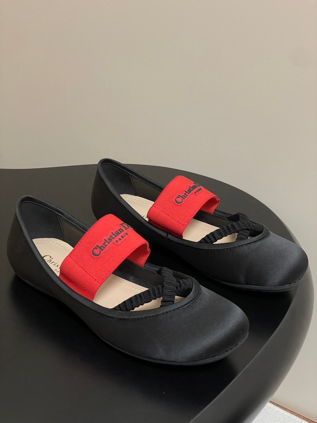 DIOR STRETCH BALLET FLATS 25S IN BLACK MIX RED FABRIC