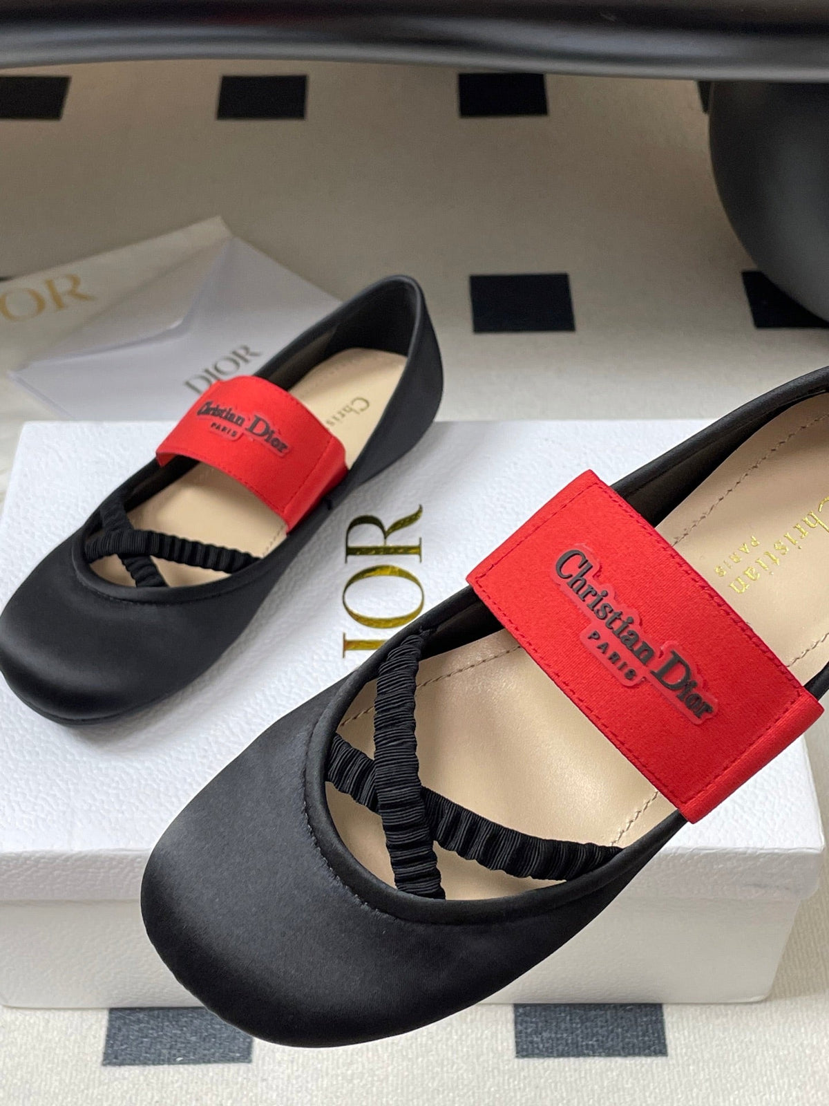 DIOR STRETCH BALLET FLATS 25S IN BLACK MIX RED FABRIC
