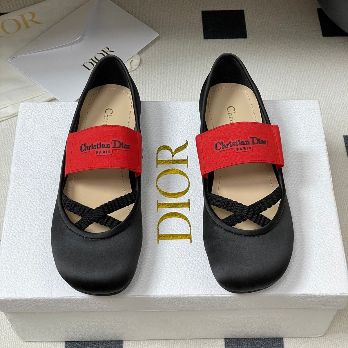 DIOR STRETCH BALLET FLATS 25S IN BLACK MIX RED FABRIC