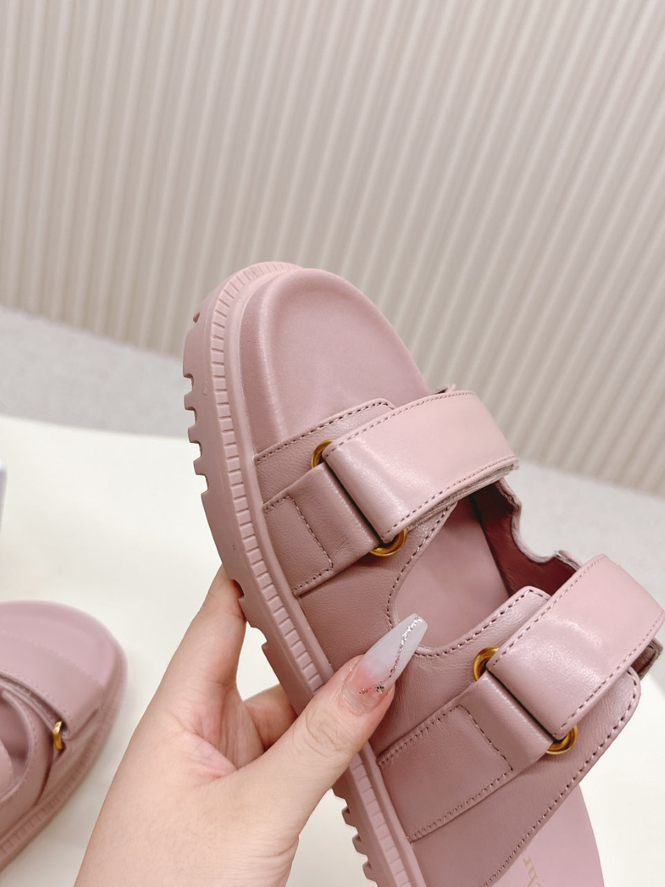 DIOR CLASSIC DOUBLE-STRAP SLIDES 25S IN BABY PINK CALFSKIN