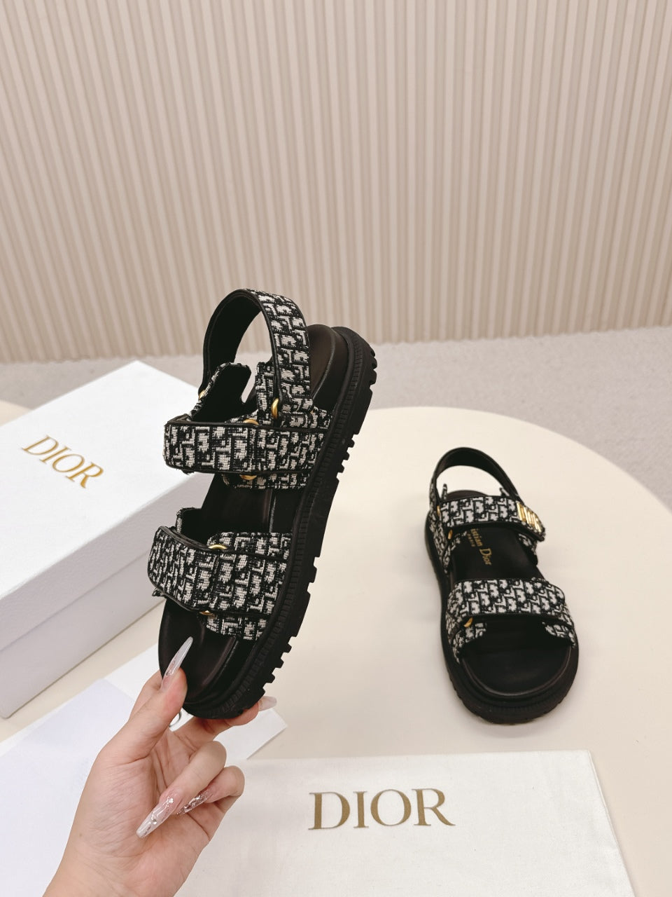 DIOR BACK-STRAP SANDALS 25S IN BLACK FABRIC AND CALFSKIN WITH GOLD HARDWARE