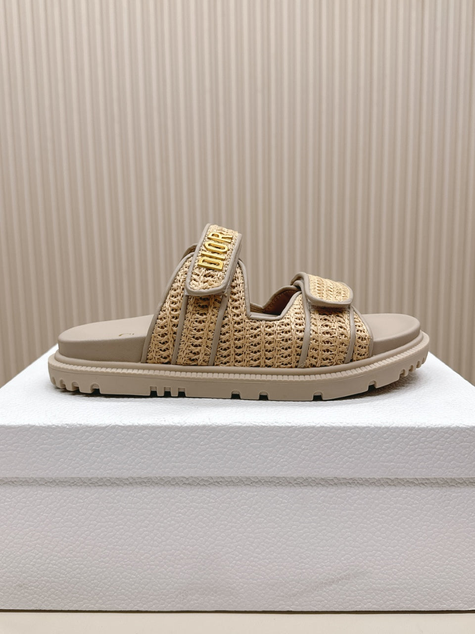 DIOR CLASSIC DOUBLE-STRAP SLIDES 25S IN BEIGE RAFFIA AND TAUPE BEIGE CALFSKIN