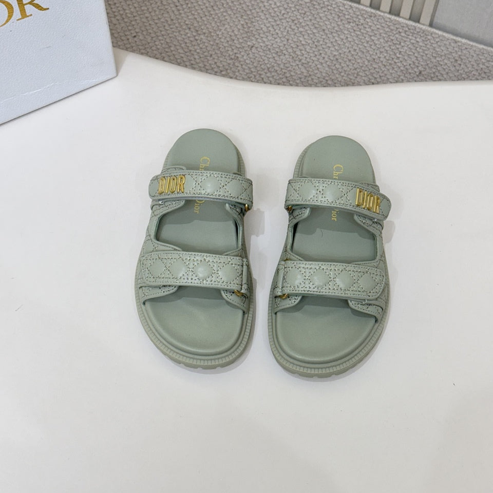 DIOR CLASSIC DOUBLE-STRAP SLIDES 25S IN PALE TEAL GRAY CALFSKIN
