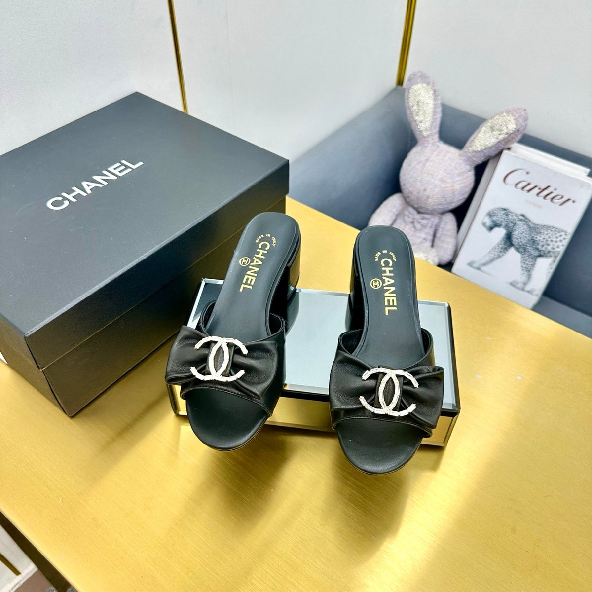 CHANEL BOWKNOT RHINESTONES MID HEEL MULE IN BLACK CALFSKIN