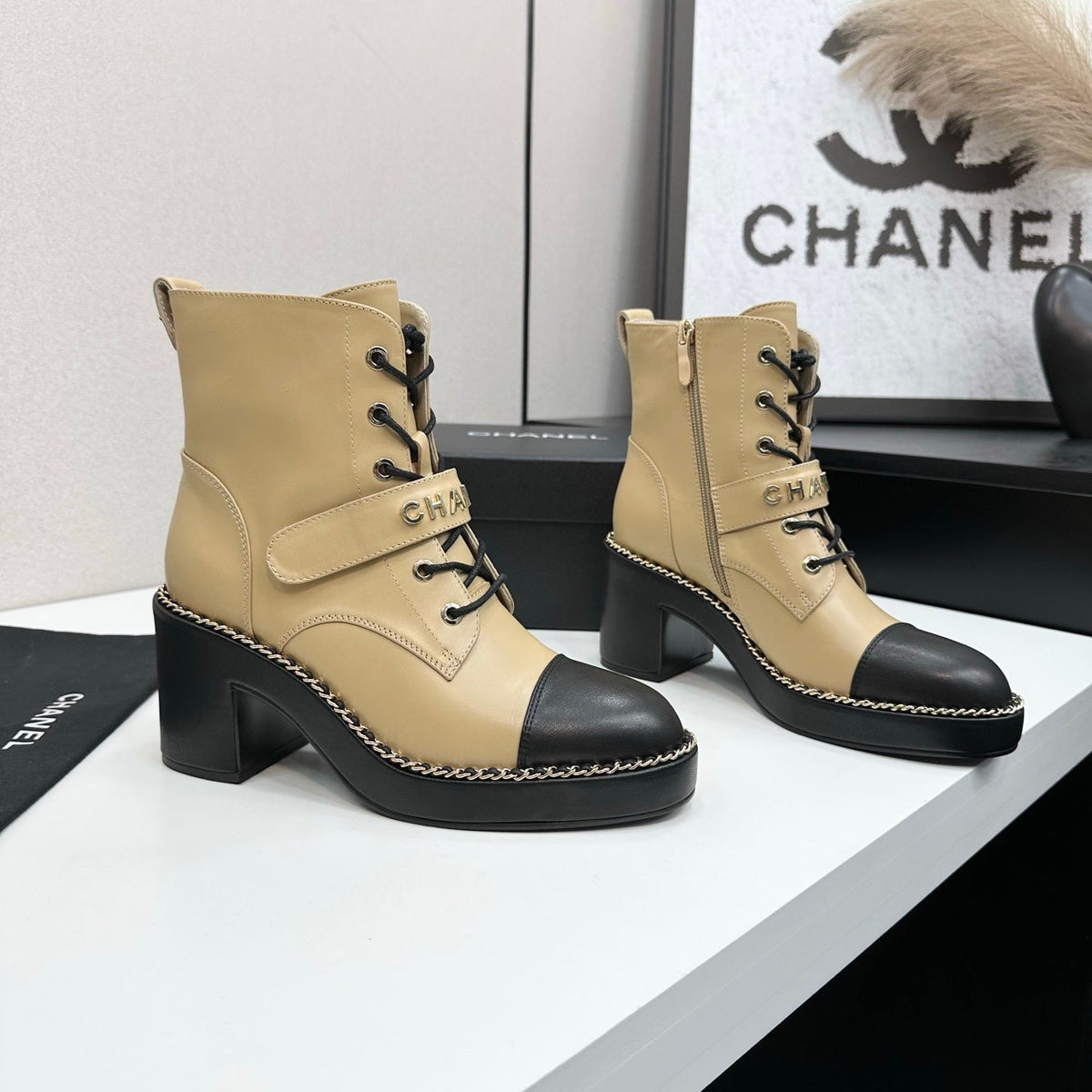 CHANEL 25S LACE-UP HEELED ANKLE BOOTS IN LIGHT GOLD CALFSKIN