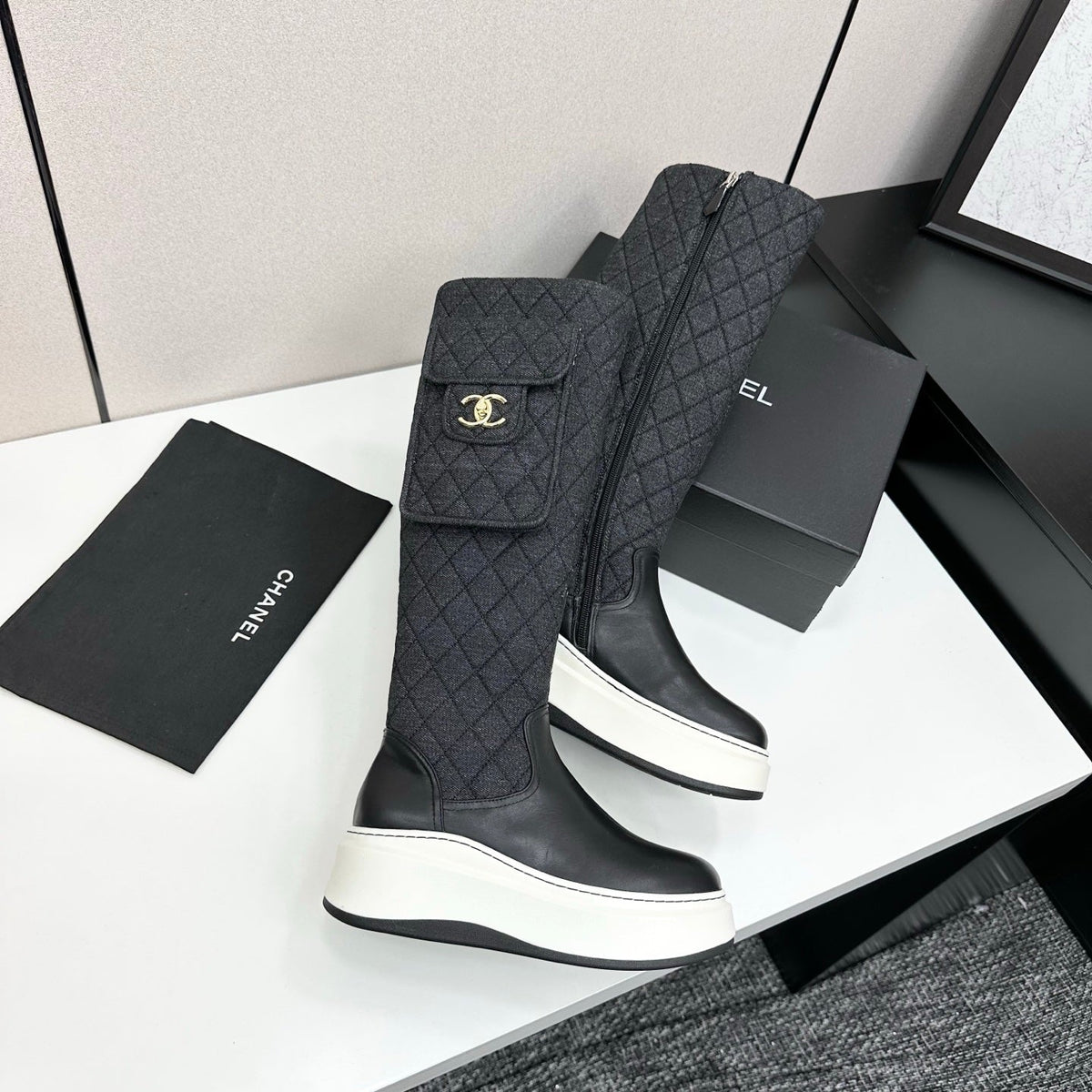 CHANEL 25S WEDGE KNEE-HIGH BOOTS IN BLACK CALFSKIN AND DENIM