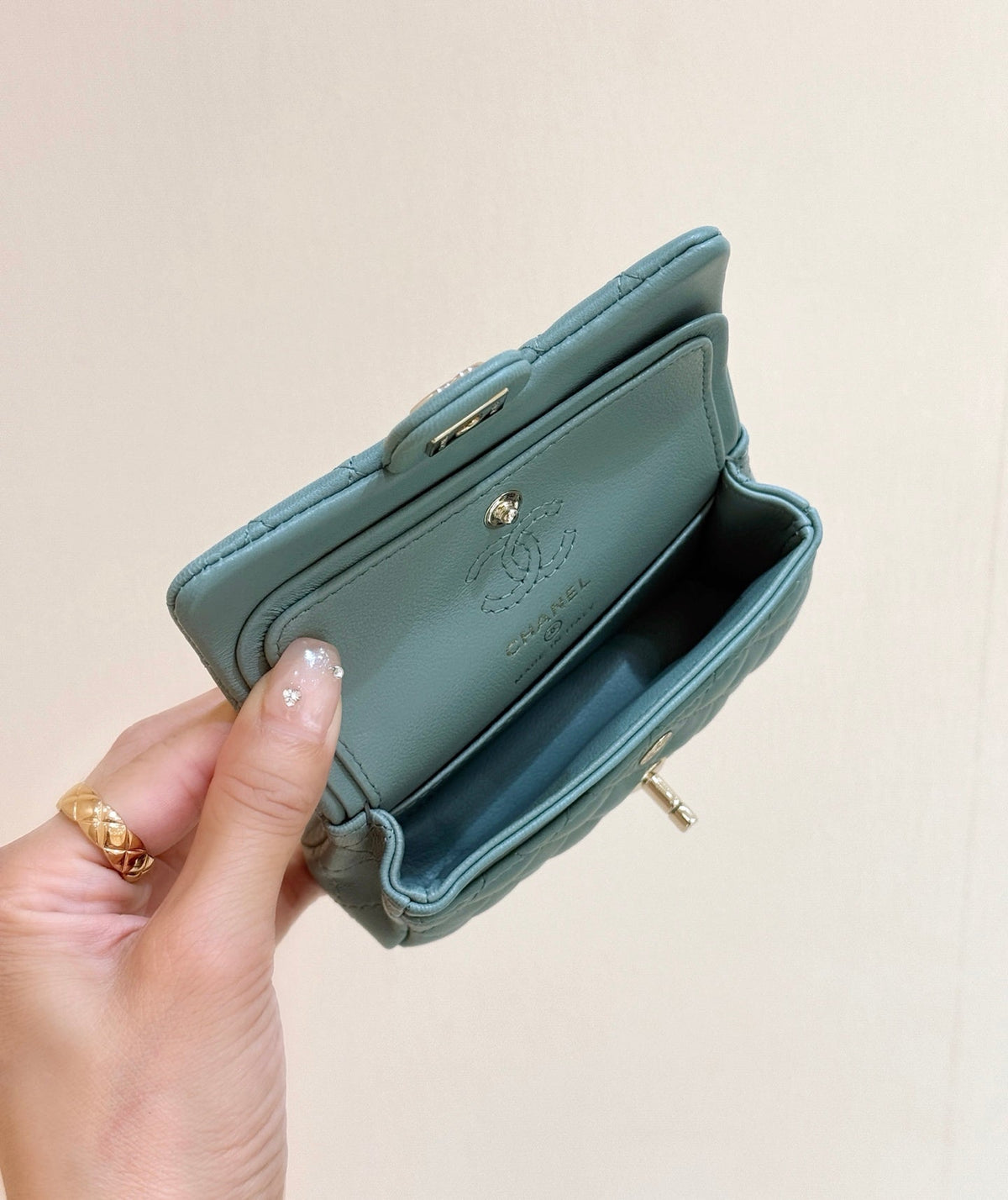 CHANEL 25S FLAP CHARM BAG 13 IN TEAL BLUE LAMBSKIN