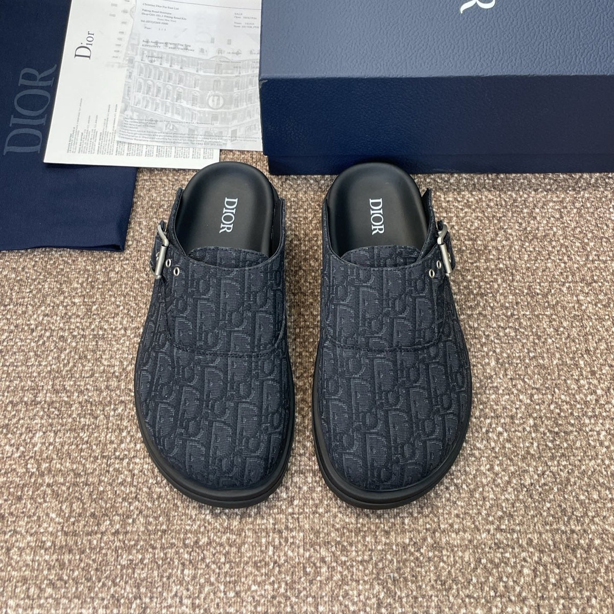 DIOR 25S AQUA MULES WITH OBLIQUE PATTERN IN DARK BLUE CANVAS