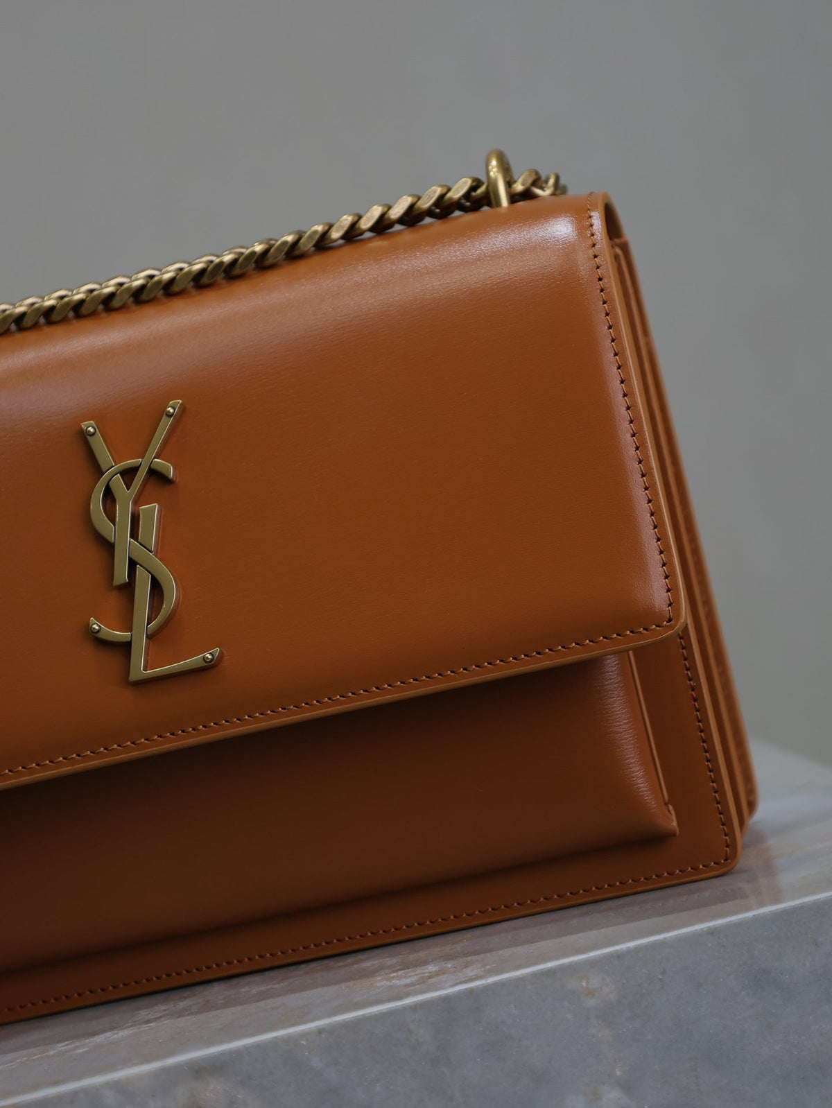 YSL 25S SUNSET BAG 22 IN DARK CARAMEL CALFSKIN GOLD HARDWRE