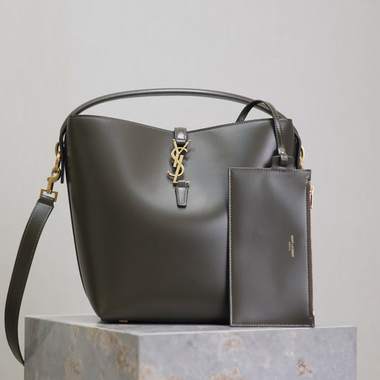 YSL 25S LE 5 À 7 BUCKET 26 IN DARK OLIVE CALFSKIN GOLD HARDWRE