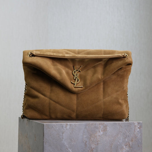 YSL 25S LOULOU PUFFER GM 35 IN TAN BROWN SUEDE GOLD HARDWRE