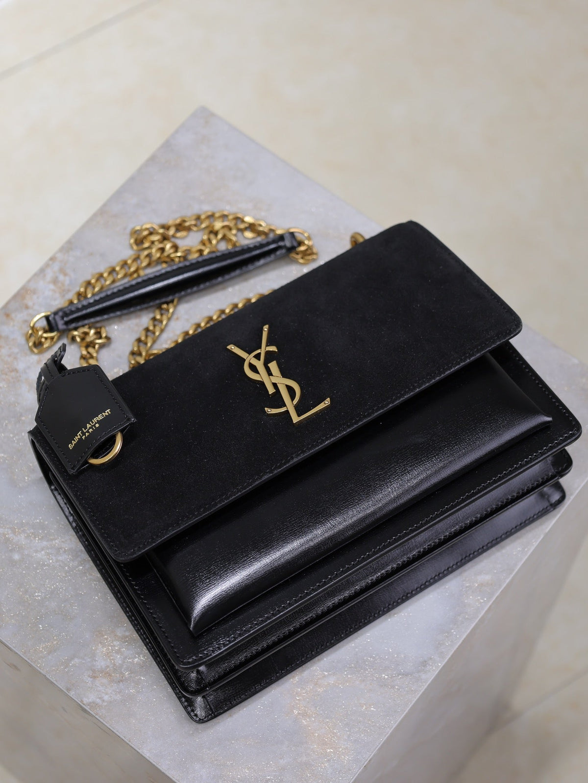 YSL 25S SUNSET BAG 22 IN BLACK CALFSKIN AND SUEDE GOLD HARDWRE