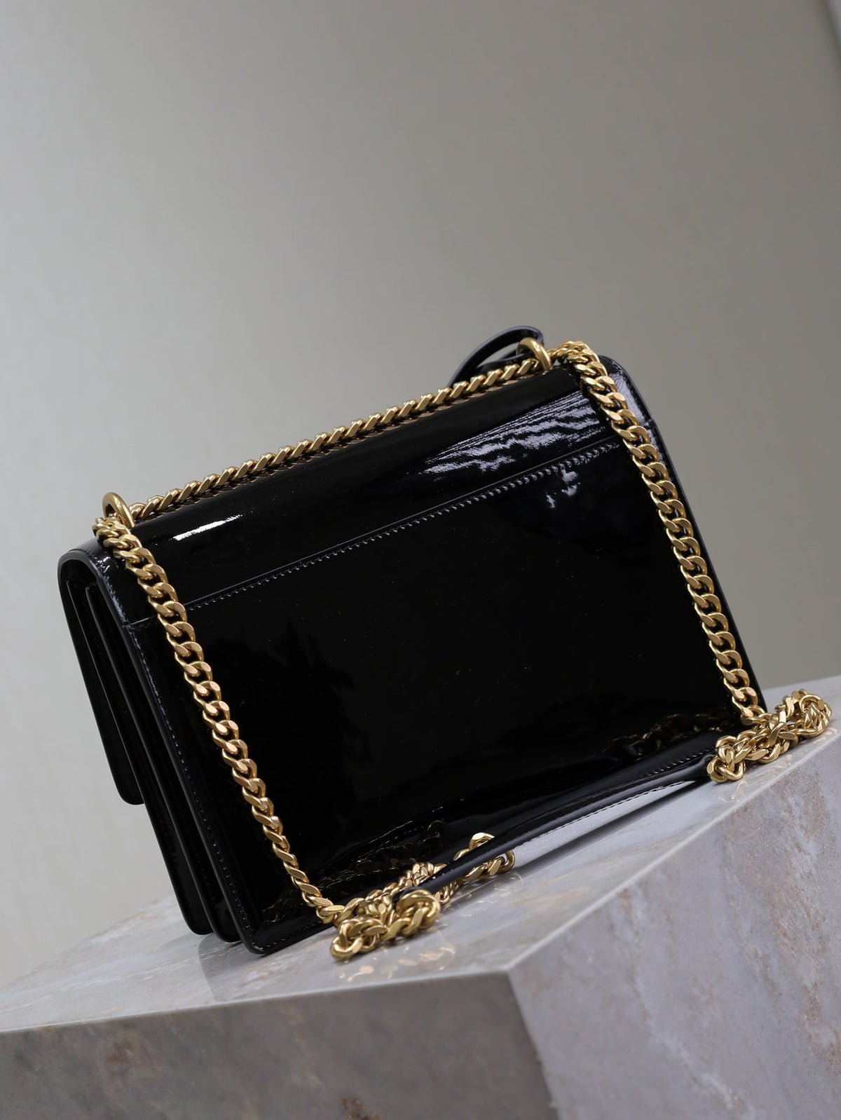 YSL 25S SUNSET MEDIUM 22 IN BLACK SHINY CALFSKIN GOLD HARDWRE
