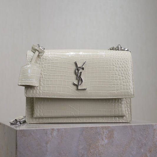 YSL 25S SUNSET MEDIUM 22 IN IVORY CROCODILE-EMBOSSED SHINY CALFSKIN SILVER HARDWRE