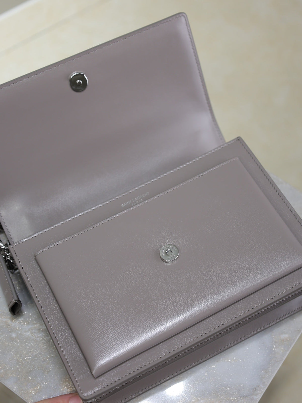 YSL 25S SUNSET BAG 22 IN DARK PURPLE CALFSKIN SILVER HARDWARE