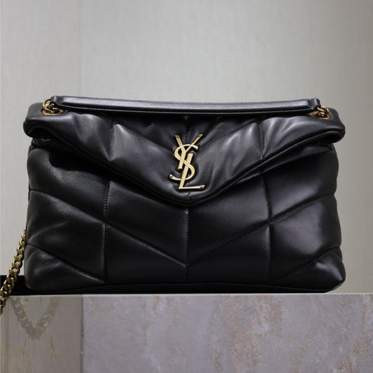 YSL 25S LOULOU PUFFER GM 35 IN BLACK CALFSKIN GOLD HARDWARE