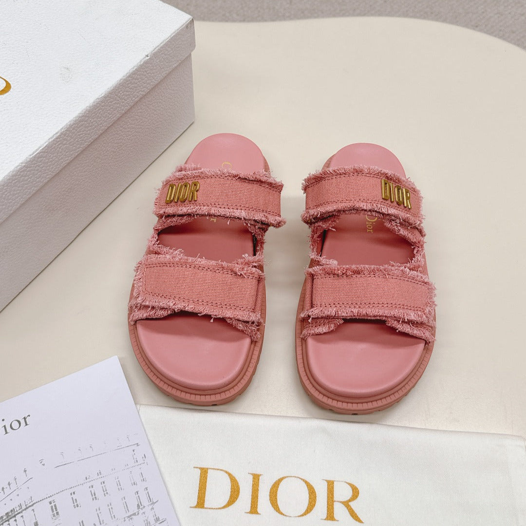 DIOR CLASSIC DOUBLE-STRAP SLIDES 25S IN PEACHY PINK DENIM AND CALFSKIN